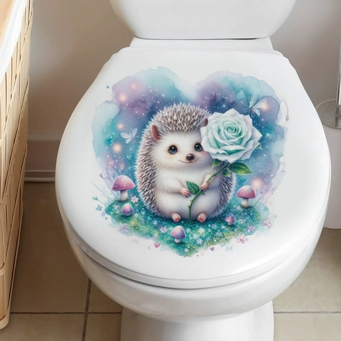 Cartoon Igel Mit Blauer Rose Sternenhimmel Pilz Toilettenaufkleber Abnehmbar Wasserdicht PVC Badezimmer Wandtattoo Home Dekor