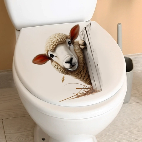 Sticker Toilettes 3D Mouton Curieux Créatif PVC Autocollant Décalcomanie Murale Drôle pour Salle de Bain Salon Décoration