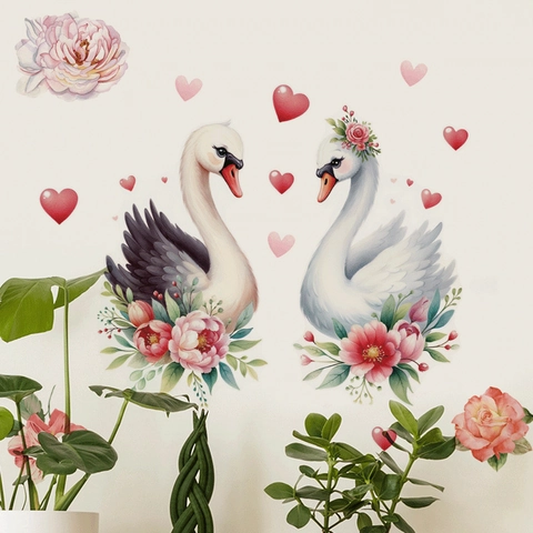 Pegatina de Pared de Acuarela Cisne Flor Corazón Romántico Desmontable PVC Calcomanía para Dormitorio Sala de Estar Decoración