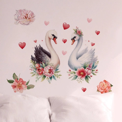 Pegatina de Pared de Acuarela Cisne Flor Corazón Romántico Desmontable PVC Calcomanía para Dormitorio Sala de Estar Decoración