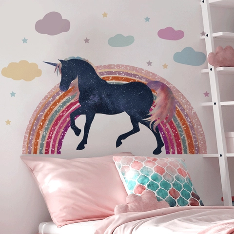 Pegatinas de Pared de Unicornio Arco Iris Estrellas Nubes para Habitación Infantil PVC Removible DIY Vinilos Decorativos Estampados