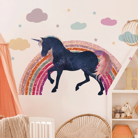 Pegatinas de Pared de Unicornio Arco Iris Estrellas Nubes para Habitación Infantil PVC Removible DIY Vinilos Decorativos Estampados