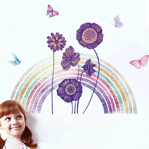 PVC Regenbogen Lila Blume Wandtattoo Selbstklebend Abnehmbar Schmetterling Wandaufkleber Für Kinderzimmer Schlafzimmer Deko