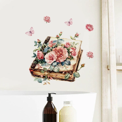 Retro Floral Book And Butterfly Wall Sticker PVC Self-Adhesive Removable Decorative Decal For Living Room Bedroom Home Decor