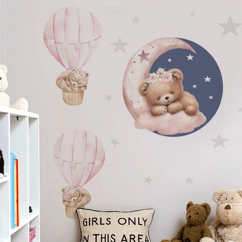 Autocollants Muraux Ours Dessin Animé Dormant Sur Lune Et Montgolfière Pour Chambre D'enfant PVC Décoration Murale Amovible
