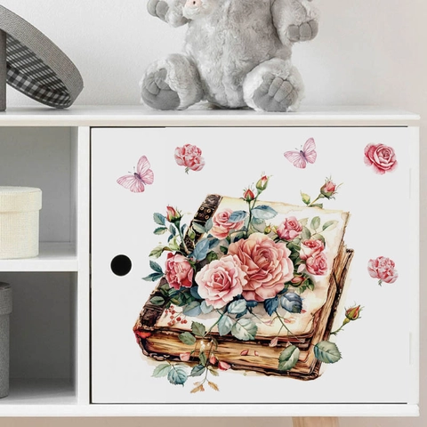 Retro Floral Book And Butterfly Wall Sticker PVC Self-Adhesive Removable Decorative Decal For Living Room Bedroom Home Decor