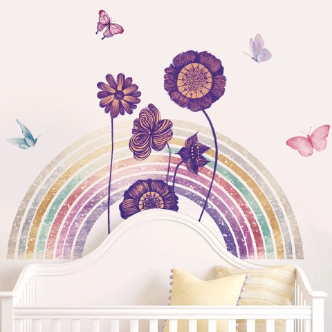 PVC Regenbogen Lila Blume Wandtattoo Selbstklebend Abnehmbar Schmetterling Wandaufkleber Für Kinderzimmer Schlafzimmer Deko