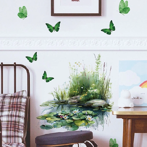 Adesivi Murali con Farfalle Verdi e Stagno di Loto Decalcomanie in PVC Paesaggio Naturale per Soggiorno Camera da Letto
