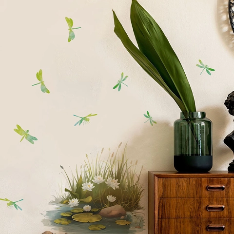 Aquarell Libelle Weiße Seerose Wandtattoo Abnehmbare PVC Teich Szene Aufkleber Für Wohnzimmer Schlafzimmer Wanddekoration