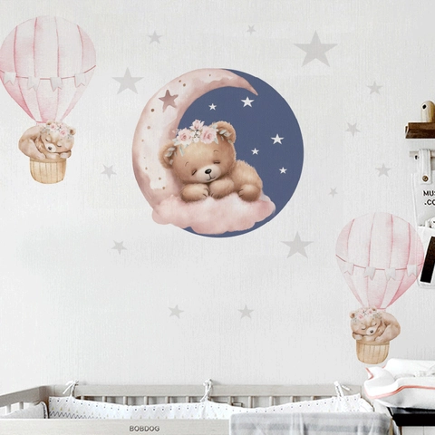 Autocollants Muraux Ours Dessin Animé Dormant Sur Lune Et Montgolfière Pour Chambre D'enfant PVC Décoration Murale Amovible