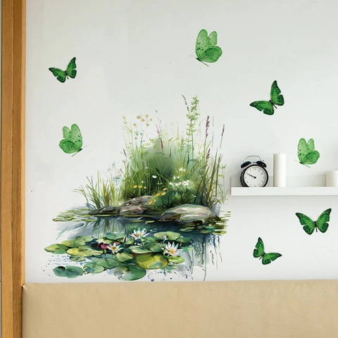 Adesivi Murali con Farfalle Verdi e Stagno di Loto Decalcomanie in PVC Paesaggio Naturale per Soggiorno Camera da Letto