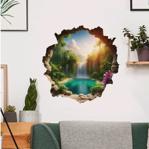 3D Wasserfall Regenwald Broken Wall Wandtattoo Wasserdicht PVC Selbstklebend Abnehmbar Landschaft Wandaufkleber Dekoration