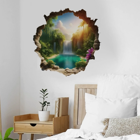 3D Wasserfall Regenwald Broken Wall Wandtattoo Wasserdicht PVC Selbstklebend Abnehmbar Landschaft Wandaufkleber Dekoration