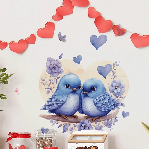 Blauwe Vogels Hart Bloem Muursticker Romantische Valentijnsdag PVC Verwijderbare Sticker Voor Woonkamer Slaapkamer Decoratie