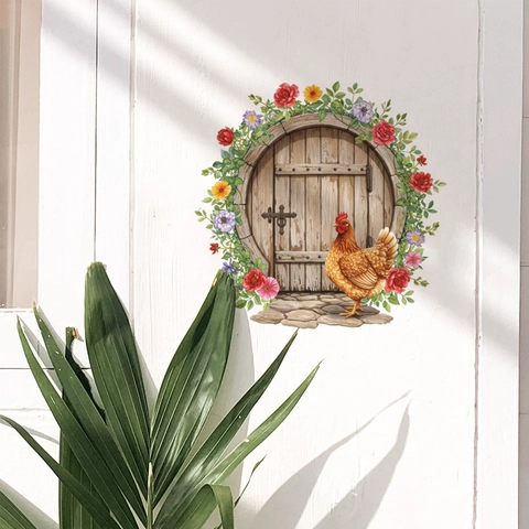 Pegatina de Pared de Puerta de Madera de Pascua Gallo Removible PVC Guirnalda Floral Gallina Calcomanía Para Sala de Estar Cocina Porche Decoración del Hogar