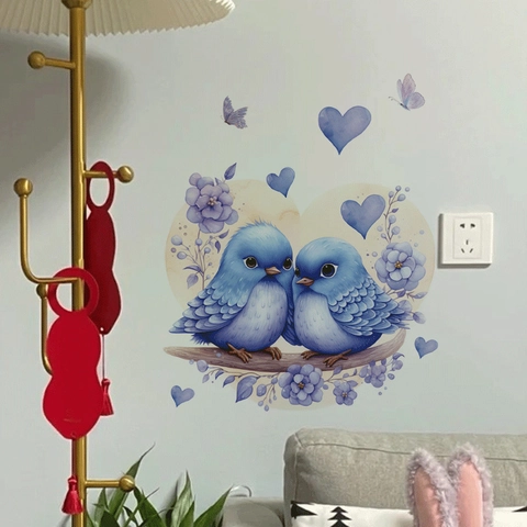 Blauwe Vogels Hart Bloem Muursticker Romantische Valentijnsdag PVC Verwijderbare Sticker Voor Woonkamer Slaapkamer Decoratie