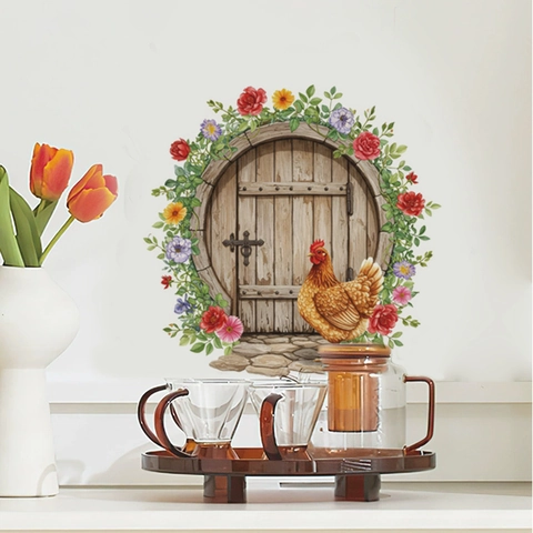 Pegatina de Pared de Puerta de Madera de Pascua Gallo Removible PVC Guirnalda Floral Gallina Calcomanía Para Sala de Estar Cocina Porche Decoración del Hogar