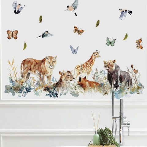Watercolor Safari Animal Wall Stickers Lion Giraffe Grass PVC Removable Decals For Kids Nursery Bedroom Living Room Decor