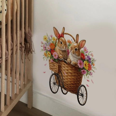 Ostern Hase Blume Fahrrad Korb Wandaufkleber Abnehmbare PVC Aufkleber Für Kinderzimmer Wohnzimmer Schlafzimmer Home Dekor