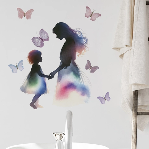 Decorazione Festa Della Mamma Silhouette Madre E Figlia Acquerello Farfalla Adesivo Murale In PVC Per Bagno Soggiorno