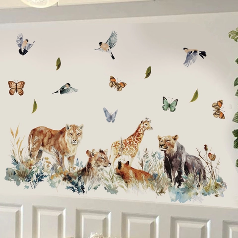 Watercolor Safari Animal Wall Stickers Lion Giraffe Grass PVC Removable Decals For Kids Nursery Bedroom Living Room Decor