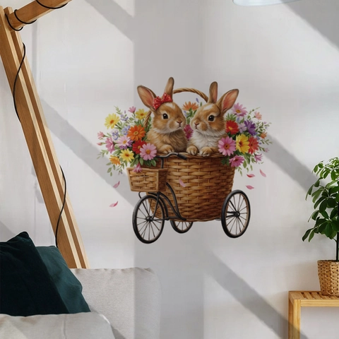 Ostern Hase Blume Fahrrad Korb Wandaufkleber Abnehmbare PVC Aufkleber Für Kinderzimmer Wohnzimmer Schlafzimmer Home Dekor