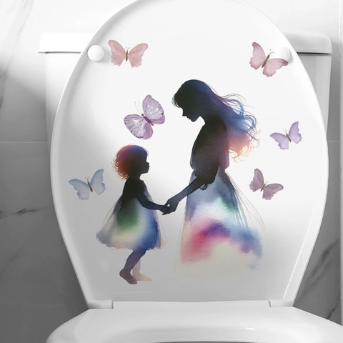 Decorazione Festa Della Mamma Silhouette Madre E Figlia Acquerello Farfalla Adesivo Murale In PVC Per Bagno Soggiorno