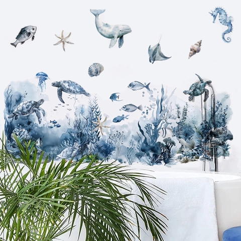 Pegatina de Pared Vida Marina Acuarela PVC Animales del Océano para Habitación Infantil Baño Sala de Estar Decoración