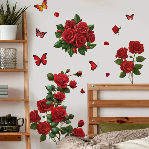 Red Rose Butterfly Wall Sticker Romantic Floral PVC Waterproof Decal For Valentine's Day Bedroom Living Room Home Decor