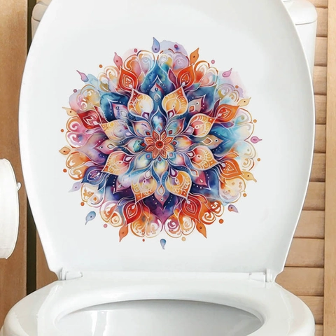 Pegatina para Tapa de Inodoro de Mandala de Acuarela Bohemio Impermeable de PVC Calcomanía de Pared para Baño Sala de Estar Dormitorio Decoración del Hogar
