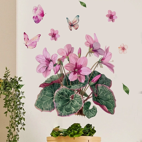 Pink Floral Butterfly Wall Sticker Self-Adhesive Removable PVC Flower Decal For Bedroom Living Room Bathroom Wall Mural Decor
