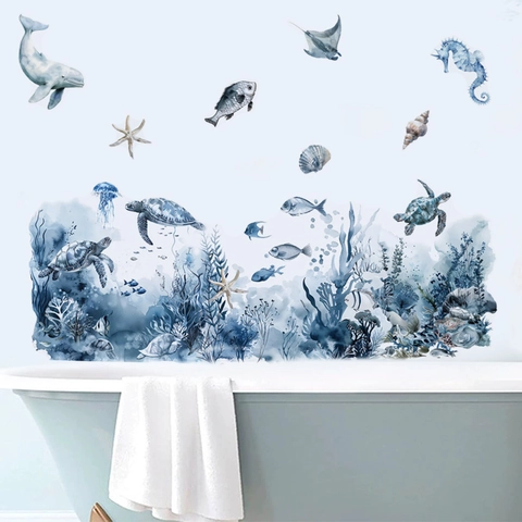 Pegatina de Pared Vida Marina Acuarela PVC Animales del Océano para Habitación Infantil Baño Sala de Estar Decoración