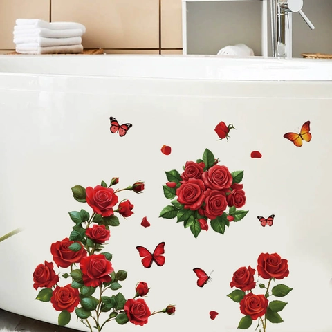 Red Rose Butterfly Wall Sticker Romantic Floral PVC Waterproof Decal For Valentine's Day Bedroom Living Room Home Decor