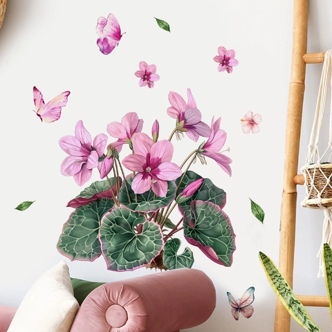 Pink Floral Butterfly Wall Sticker Self-Adhesive Removable PVC Flower Decal For Bedroom Living Room Bathroom Wall Mural Decor