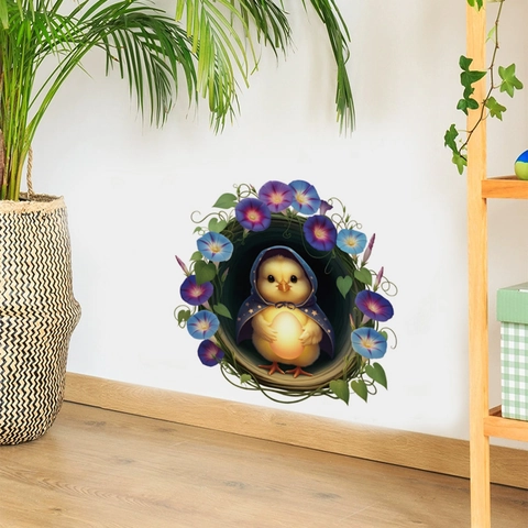 Sticker Mural Créatif 3D Poussin Dessin Animé Avec Oeuf Lumineux Cadre Floral Ipomée PVC Décalcomanie Amovible Décoration