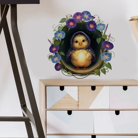 Sticker Mural Créatif 3D Poussin Dessin Animé Avec Oeuf Lumineux Cadre Floral Ipomée PVC Décalcomanie Amovible Décoration