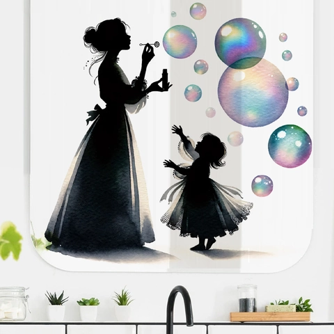 Mother And Daughter Silhouette Wall Sticker With Watercolor Rainbow Bubbles PVC Removable Self Adhesive Art Decal For Living Room Bedroom Decor