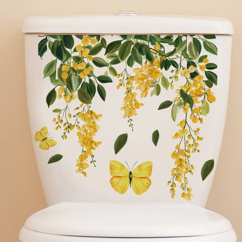 Sticker Mural Fleur Jaune Papillon PVC Auto-adhésif Imperméable Décoration Pour Salle De Bain Toilettes Salon Maison