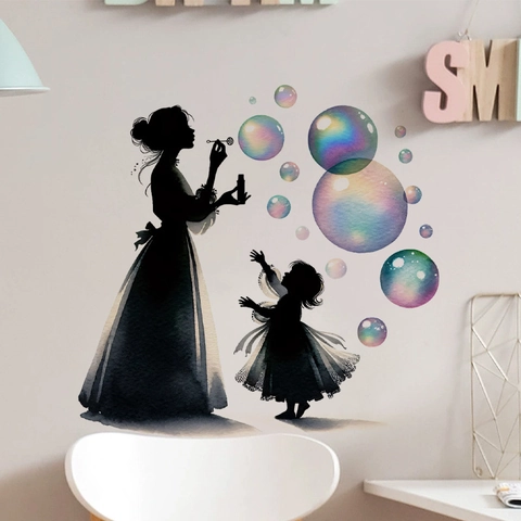 Mother And Daughter Silhouette Wall Sticker With Watercolor Rainbow Bubbles PVC Removable Self Adhesive Art Decal For Living Room Bedroom Decor