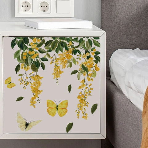 Sticker Mural Fleur Jaune Papillon PVC Auto-adhésif Imperméable Décoration Pour Salle De Bain Toilettes Salon Maison