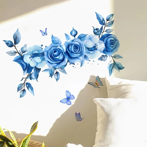 Watercolor Blue Rose Wall Decal With Butterflies Self Adhesive PVC Flower Wall Sticker For Bathroom Bedroom Living Room Decor