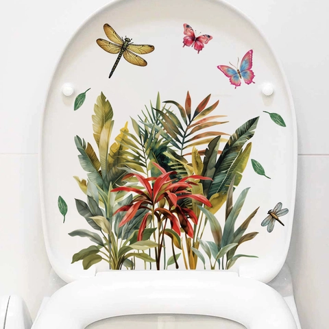 Tropical Green Plants Toilet Sticker Removable PVC Waterproof Wall Decal Butterfly Dragonfly Pattern For Bathroom Home Decor