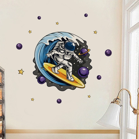 Stickers Muraux Espace Astronaute Surfeur Amovible PVC Motif Planètes Étoiles Autocollants Auto-Adhésifs Pour Chambre Enfants Salle De Bain