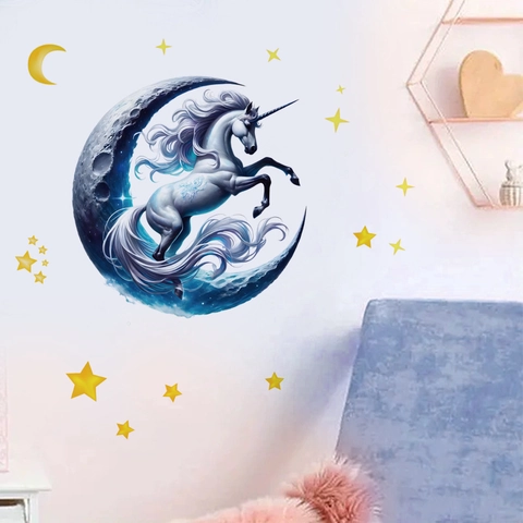 Cartoon Unicorn Moon Stars Wall Sticker Self Adhesive Removable PVC Decal For Kids Room Bedroom Bathroom Home Decor