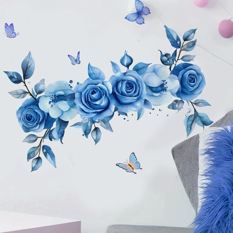 Watercolor Blue Rose Wall Decal With Butterflies Self Adhesive PVC Flower Wall Sticker For Bathroom Bedroom Living Room Decor