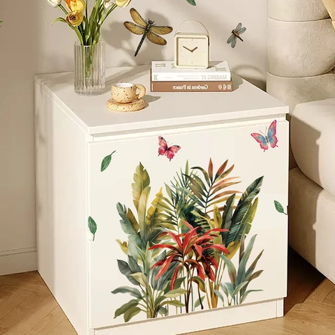 Tropical Green Plants Toilet Sticker Removable PVC Waterproof Wall Decal Butterfly Dragonfly Pattern For Bathroom Home Decor