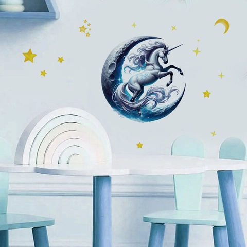 Cartoon Unicorn Moon Stars Wall Sticker Self Adhesive Removable PVC Decal For Kids Room Bedroom Bathroom Home Decor