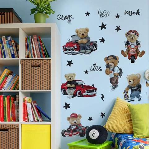 Cartoon Teddy Bear Wall Stickers For Kids Bedroom Racing Car Motorcycle Star Removable PVC DIY Nursery Decor Wall Decals