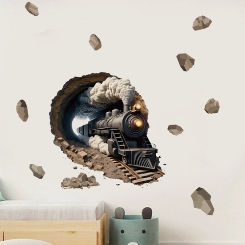 3D Realistic Steam Train Wall Sticker Broken Wall Tunnel Effect PVC Mural For Kids Room Bedroom Study Wall Decoration