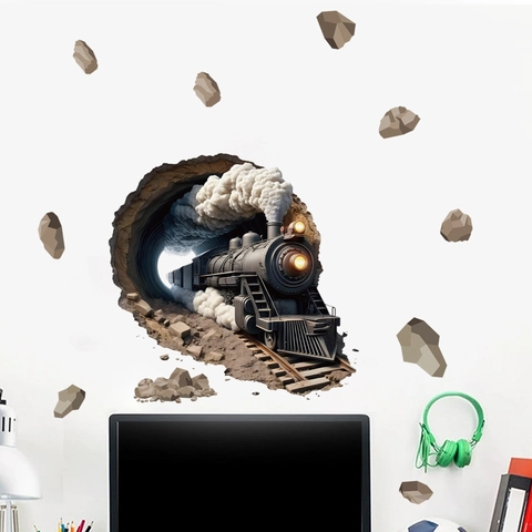 3D Realistic Steam Train Wall Sticker Broken Wall Tunnel Effect PVC Mural For Kids Room Bedroom Study Wall Decoration
